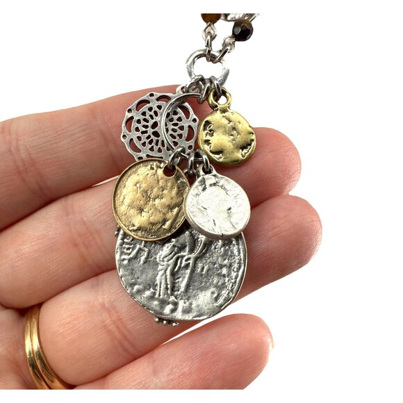 J. Jill Layered Coin Charm Necklace Silver Tone Beaded Medallion Statement NWT - Picture 9 of 11
